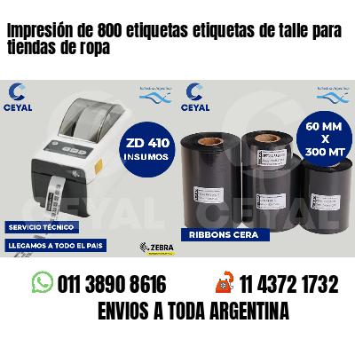 Impresión de 800 etiquetas etiquetas de talle para tiendas de ropa