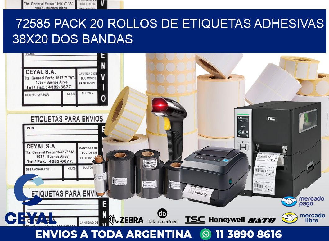 72585 PACK 20 ROLLOS DE ETIQUETAS ADHESIVAS 38X20 DOS BANDAS