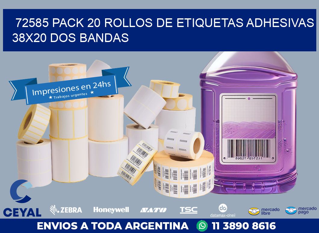 72585 PACK 20 ROLLOS DE ETIQUETAS ADHESIVAS 38X20 DOS BANDAS