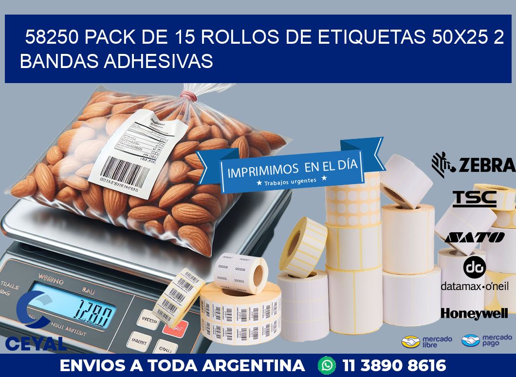 58250 PACK DE 15 ROLLOS DE ETIQUETAS 50X25 2 BANDAS ADHESIVAS