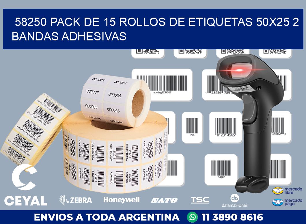 58250 PACK DE 15 ROLLOS DE ETIQUETAS 50X25 2 BANDAS ADHESIVAS