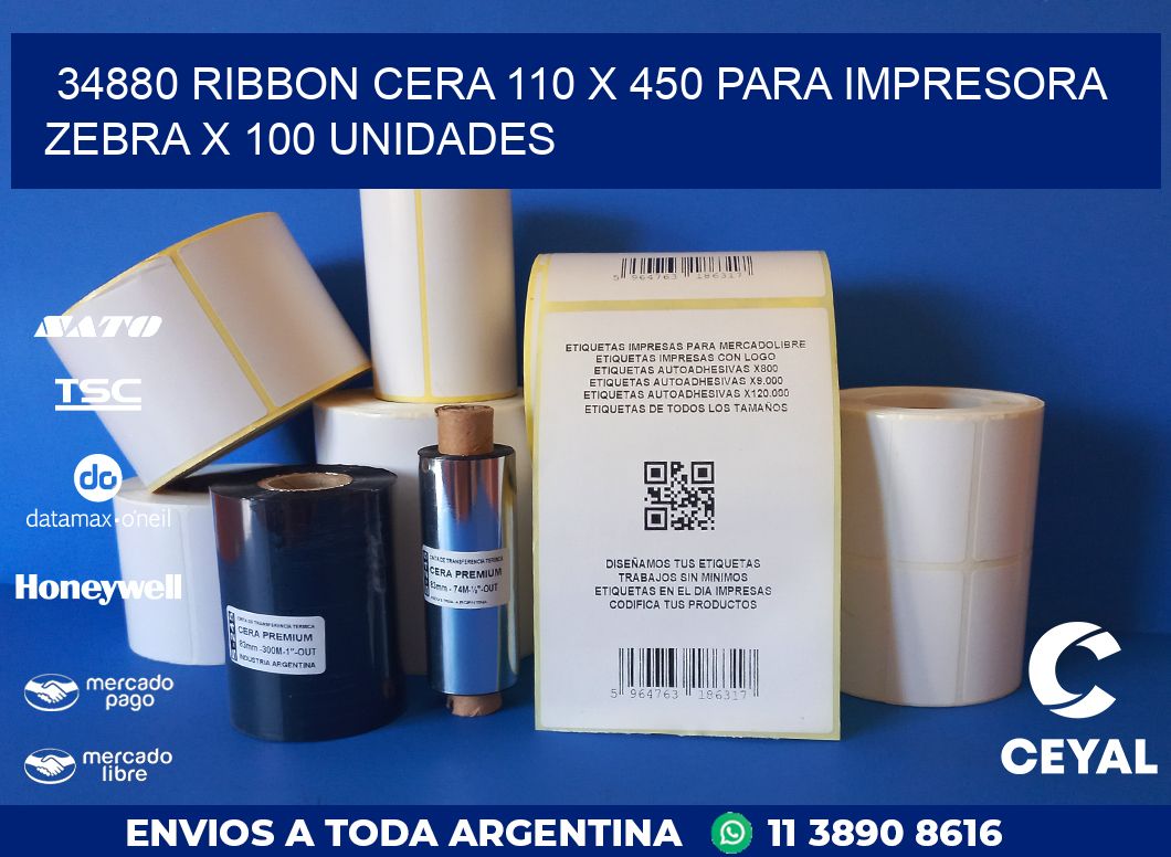 34880 RIBBON CERA 110 X 450 PARA IMPRESORA ZEBRA X 100 UNIDADES