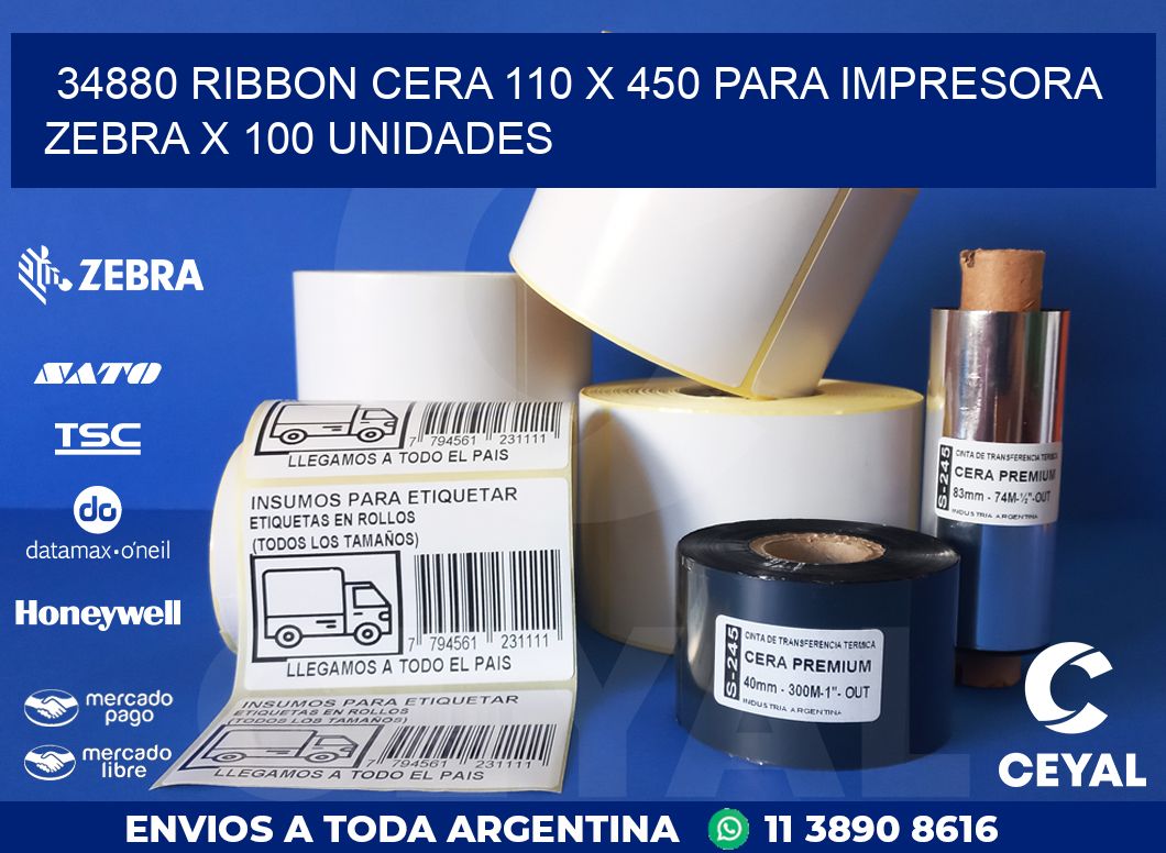 34880 RIBBON CERA 110 X 450 PARA IMPRESORA ZEBRA X 100 UNIDADES