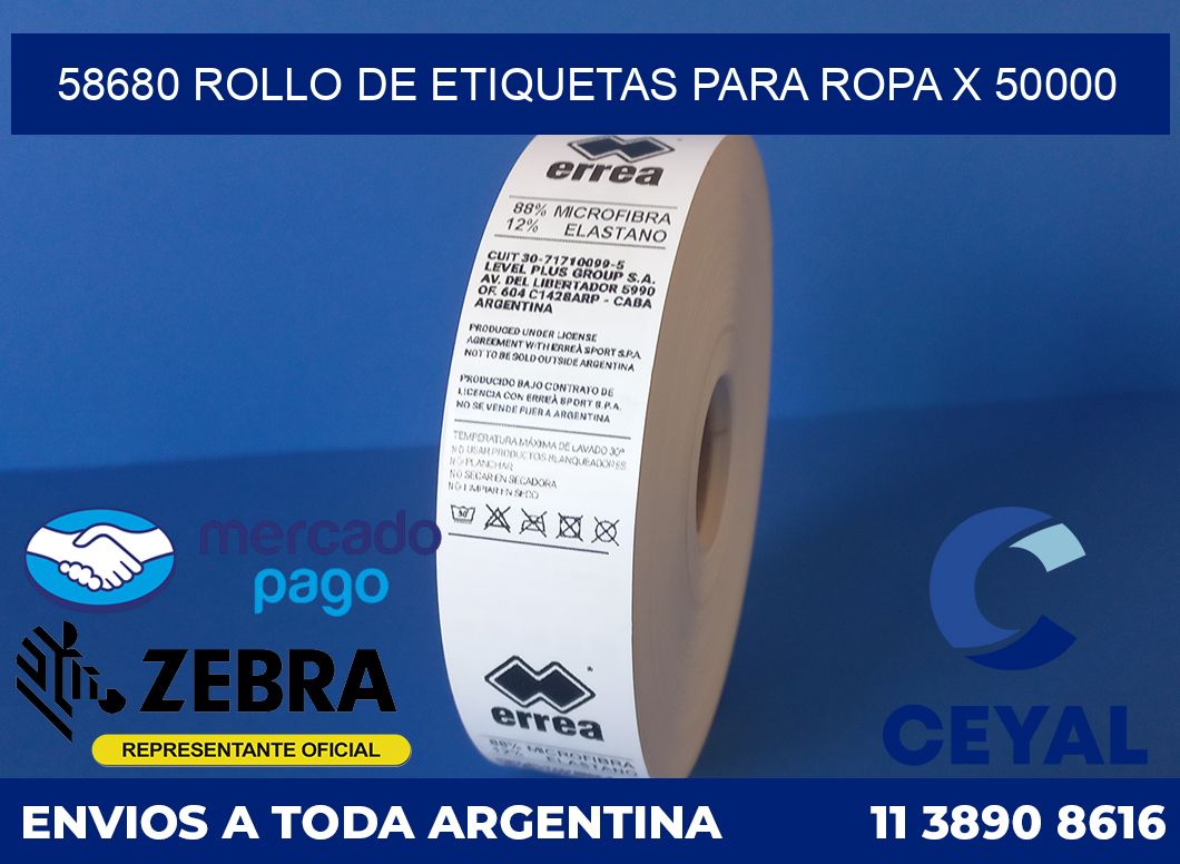 58680 ROLLO DE ETIQUETAS PARA ROPA X 50000