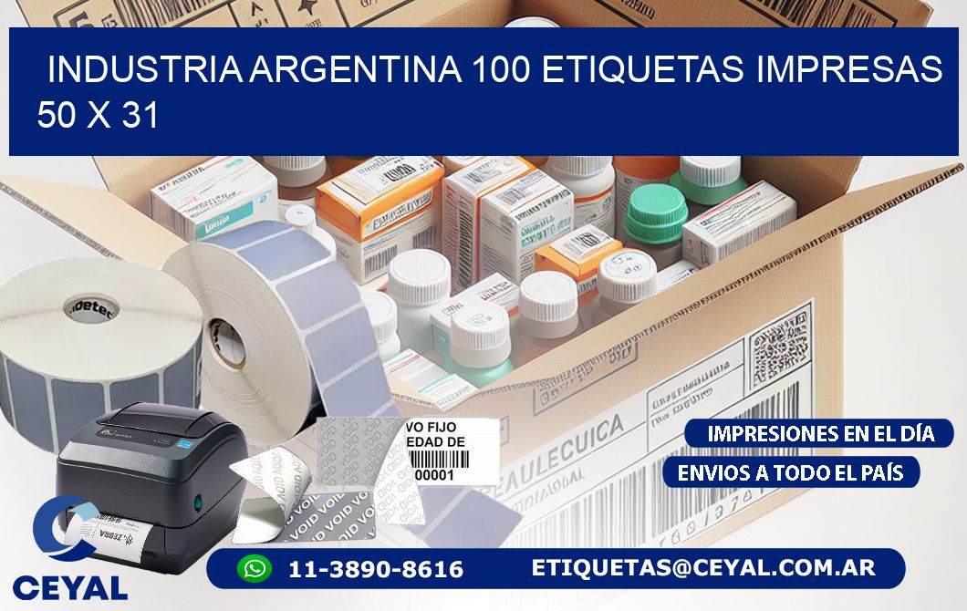 INDUSTRIA ARGENTINA 100 ETIQUETAS IMPRESAS 50 x 31
