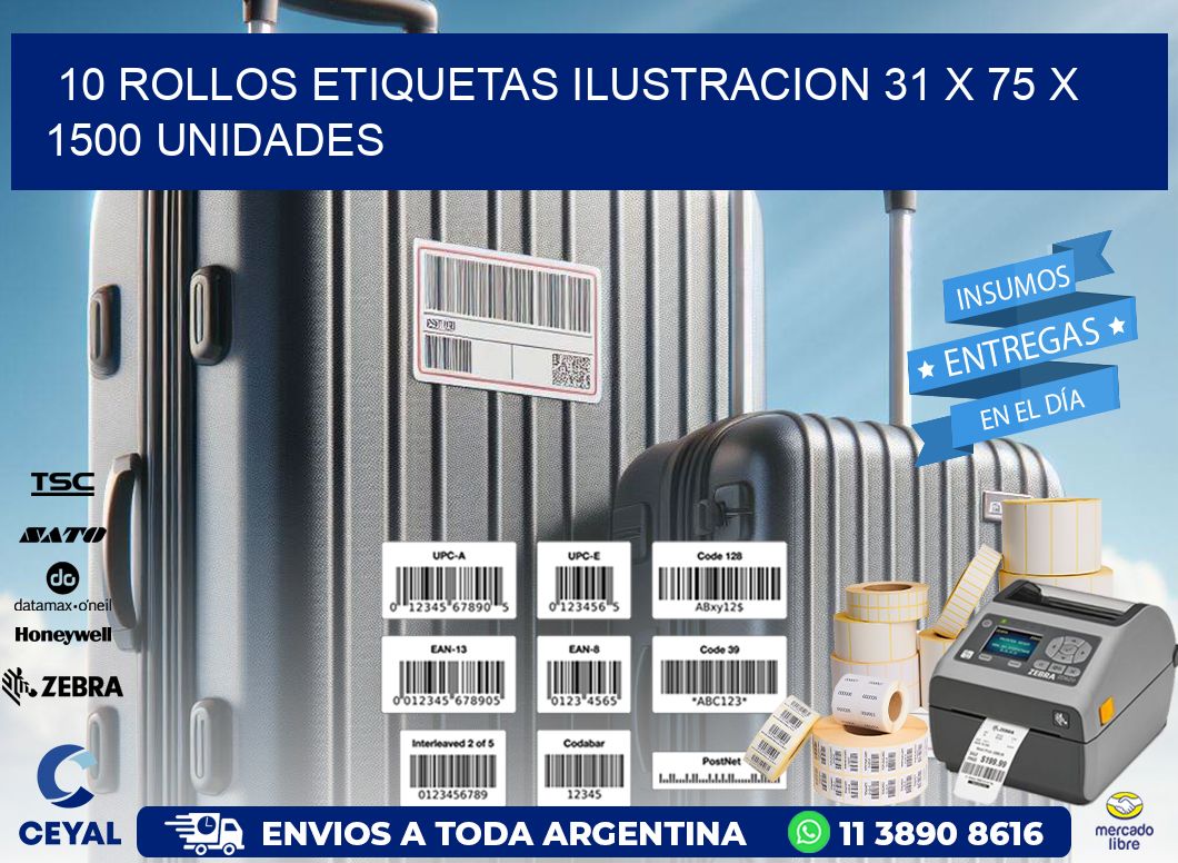 10 ROLLOS ETIQUETAS ILUSTRACION 31 x 75 X 1500 UNIDADES
