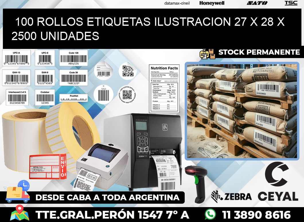 100 ROLLOS ETIQUETAS ILUSTRACION 27 x 28 X 2500 UNIDADES