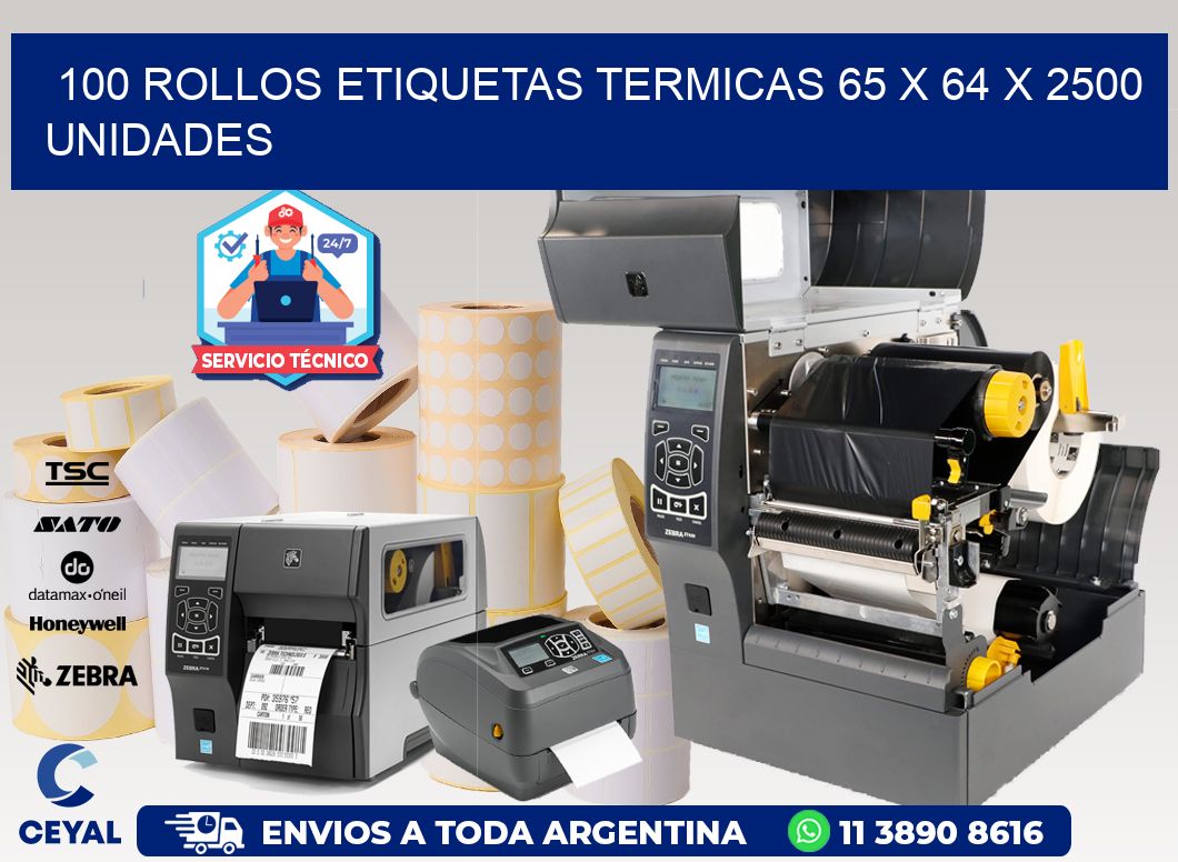 100 ROLLOS ETIQUETAS TERMICAS 65 x 64 X 2500 UNIDADES