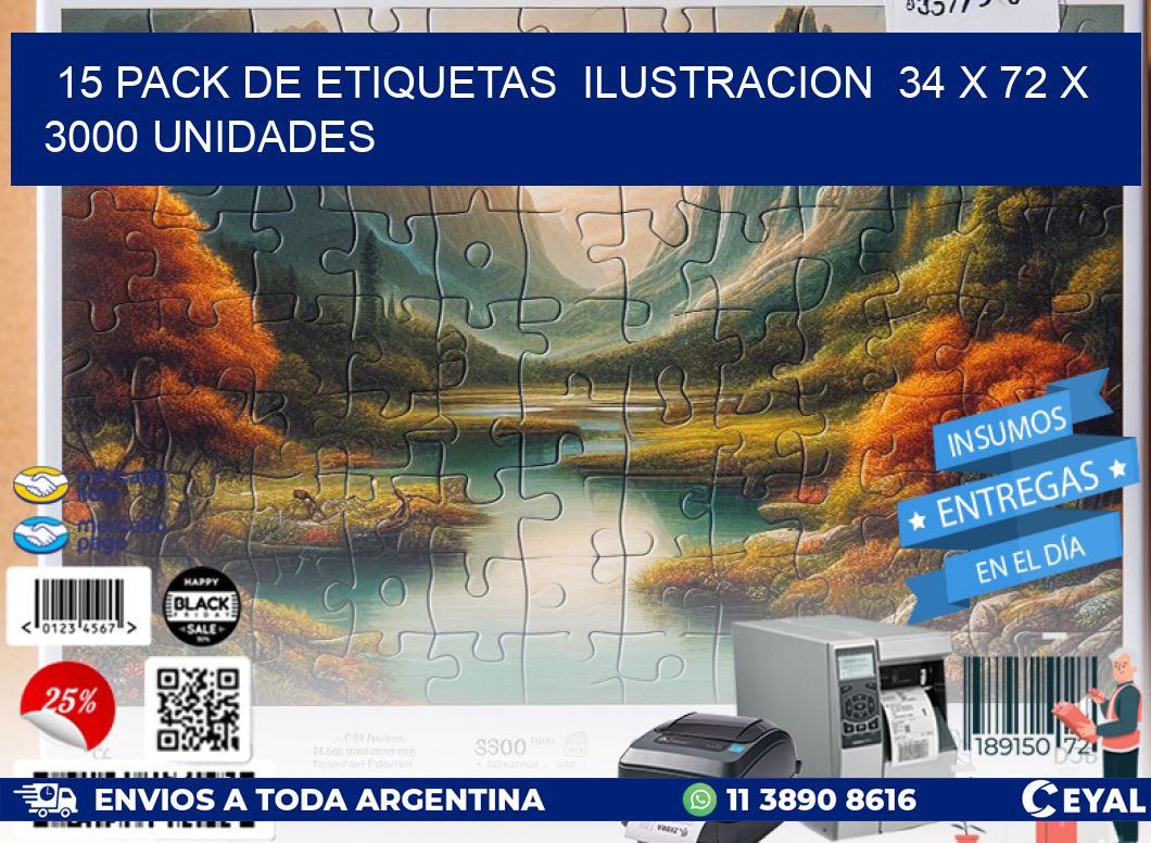 15 PACK DE ETIQUETAS ILUSTRACION 34 x 72 X 3000 UNIDADES