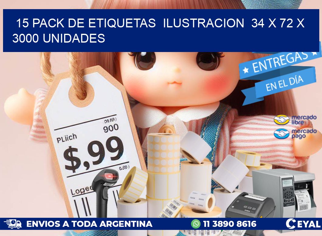 15 PACK DE ETIQUETAS ILUSTRACION 34 x 72 X 3000 UNIDADES