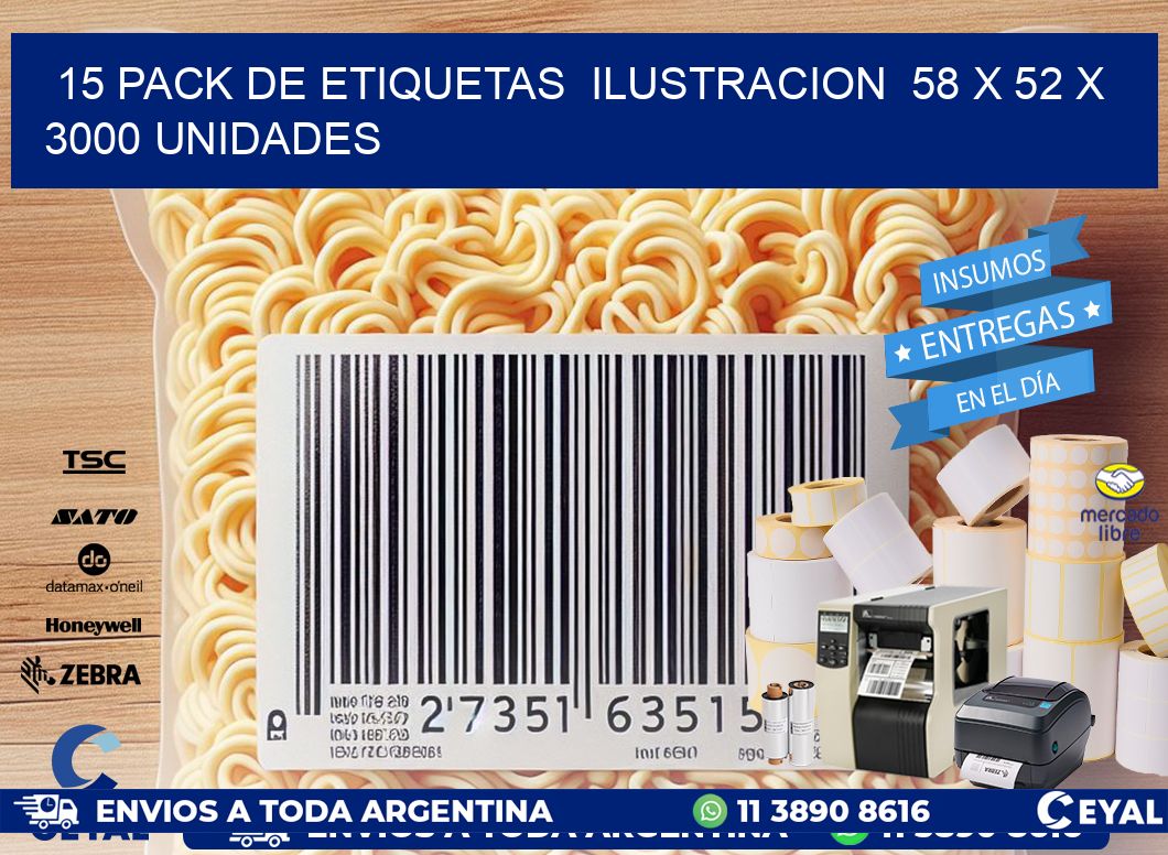 15 PACK DE ETIQUETAS  ILUSTRACION  58 x 52 X 3000 UNIDADES