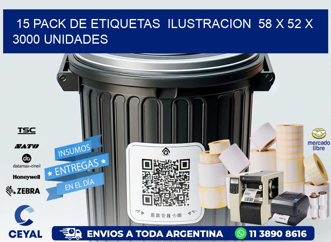 15 PACK DE ETIQUETAS  ILUSTRACION  58 x 52 X 3000 UNIDADES