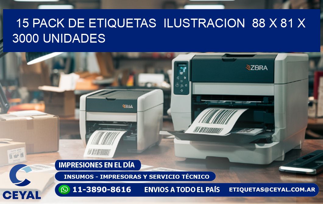 15 PACK DE ETIQUETAS  ILUSTRACION  88 x 81 X 3000 UNIDADES