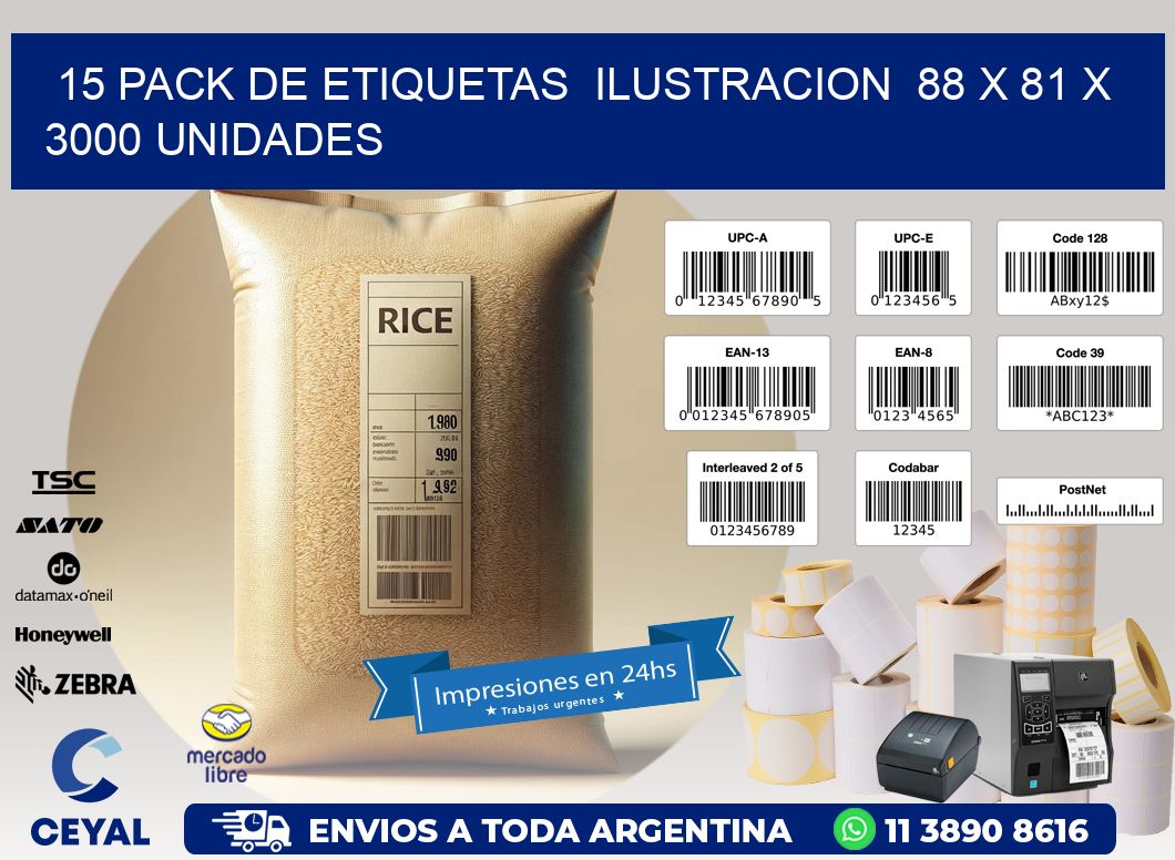 15 PACK DE ETIQUETAS  ILUSTRACION  88 x 81 X 3000 UNIDADES