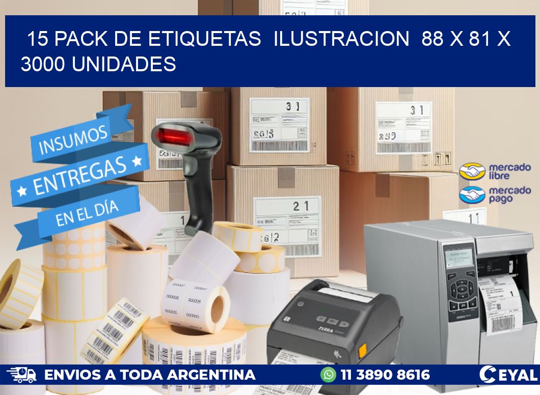 15 PACK DE ETIQUETAS  ILUSTRACION  88 x 81 X 3000 UNIDADES