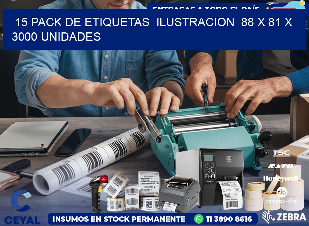 15 PACK DE ETIQUETAS  ILUSTRACION  88 x 81 X 3000 UNIDADES