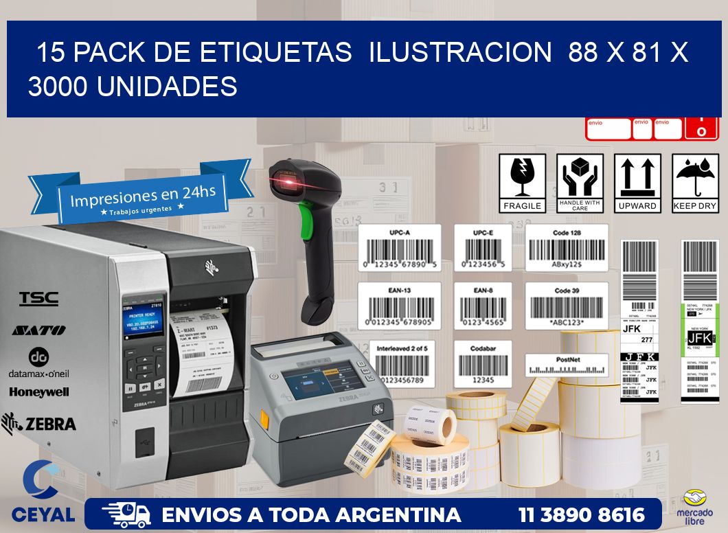 15 PACK DE ETIQUETAS  ILUSTRACION  88 x 81 X 3000 UNIDADES