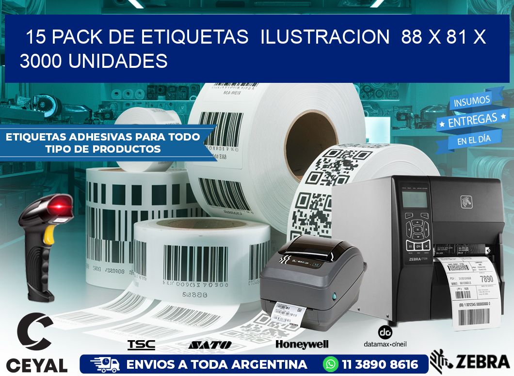 15 PACK DE ETIQUETAS  ILUSTRACION  88 x 81 X 3000 UNIDADES