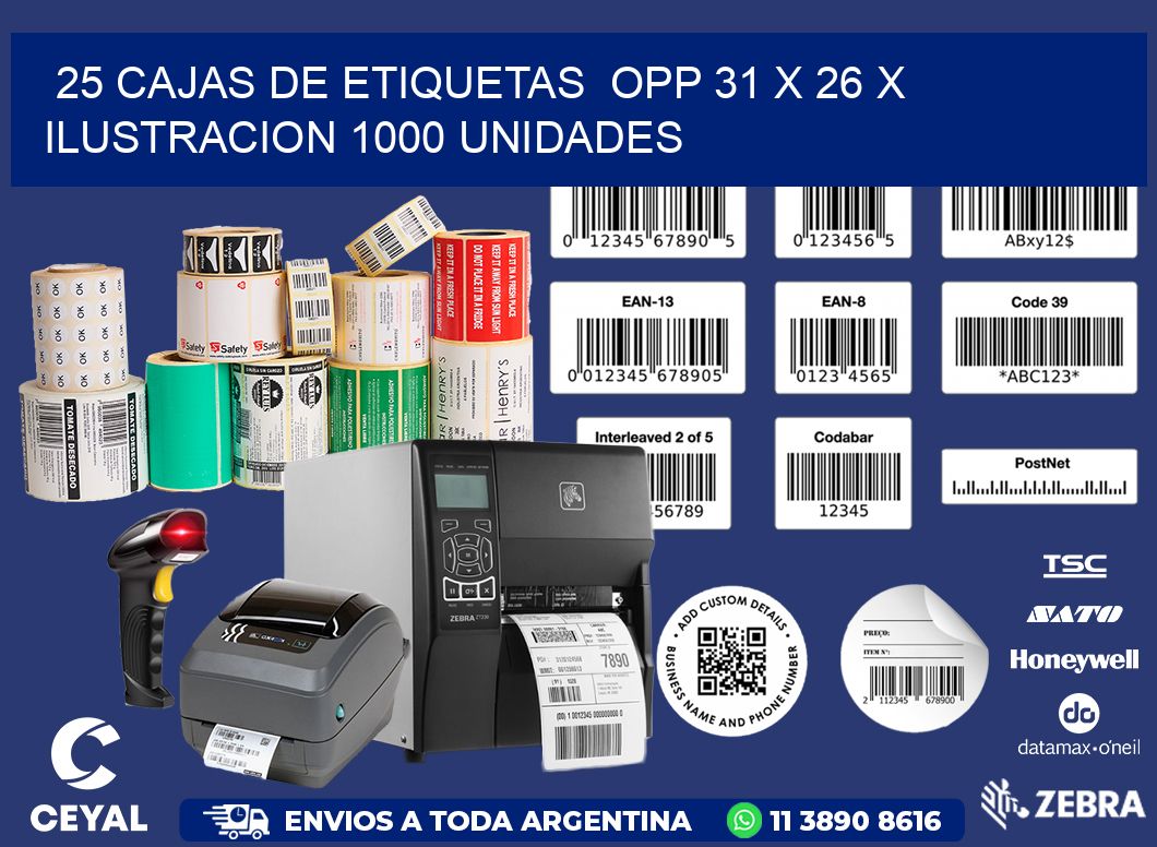 25 CAJAS DE ETIQUETAS OPP 31 x 26 X ILUSTRACION 1000 UNIDADES