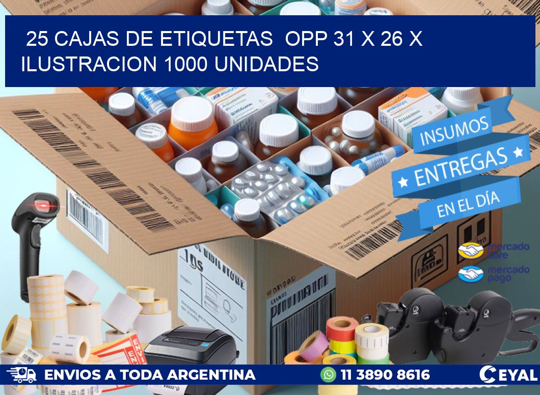25 CAJAS DE ETIQUETAS OPP 31 x 26 X ILUSTRACION 1000 UNIDADES