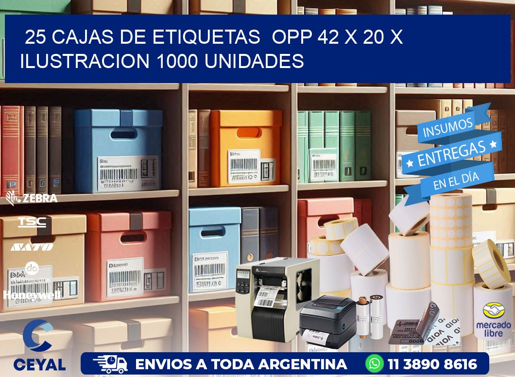 25 CAJAS DE ETIQUETAS  OPP 42 x 20 X ILUSTRACION 1000 UNIDADES