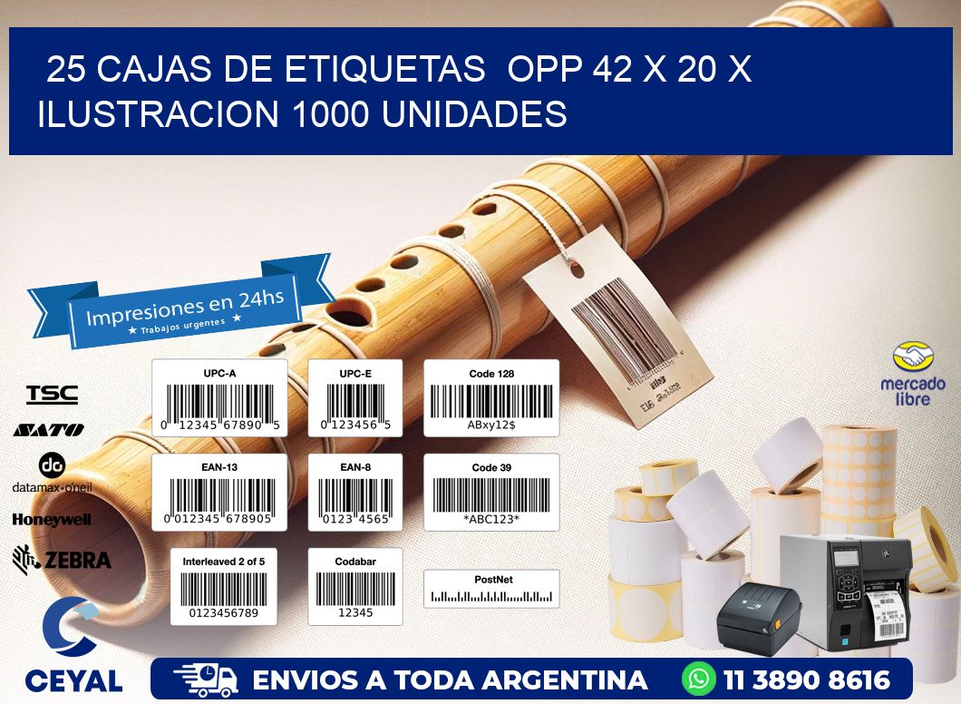 25 CAJAS DE ETIQUETAS  OPP 42 x 20 X ILUSTRACION 1000 UNIDADES