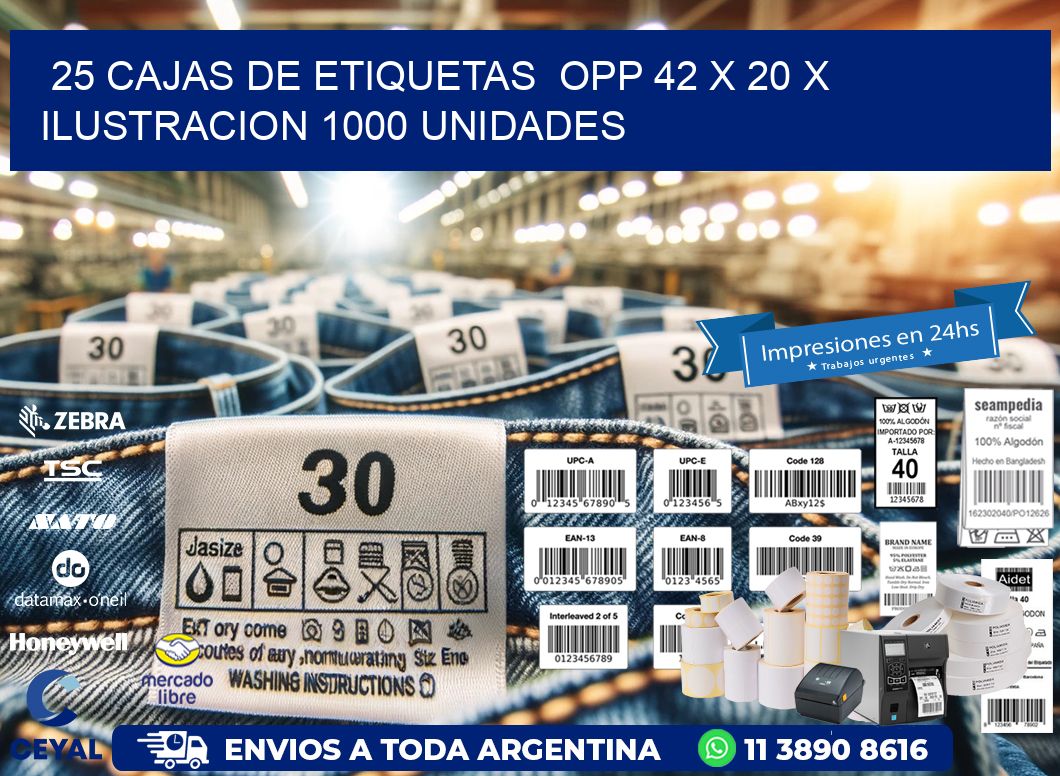 25 CAJAS DE ETIQUETAS  OPP 42 x 20 X ILUSTRACION 1000 UNIDADES