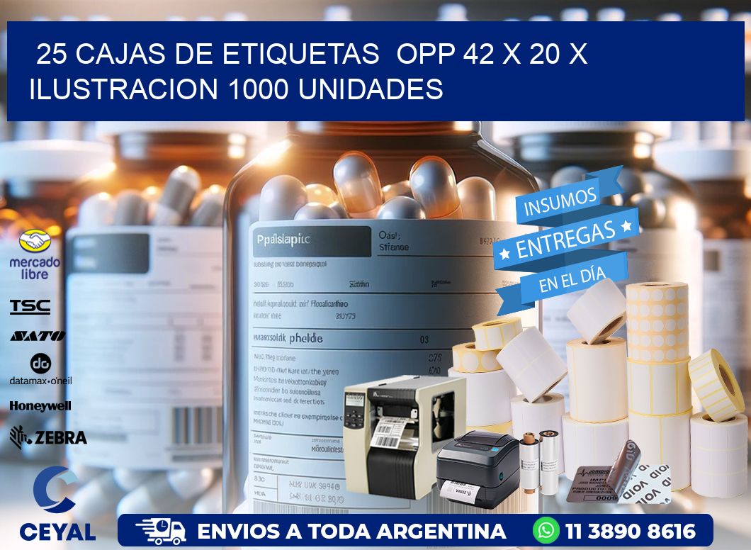 25 CAJAS DE ETIQUETAS  OPP 42 x 20 X ILUSTRACION 1000 UNIDADES