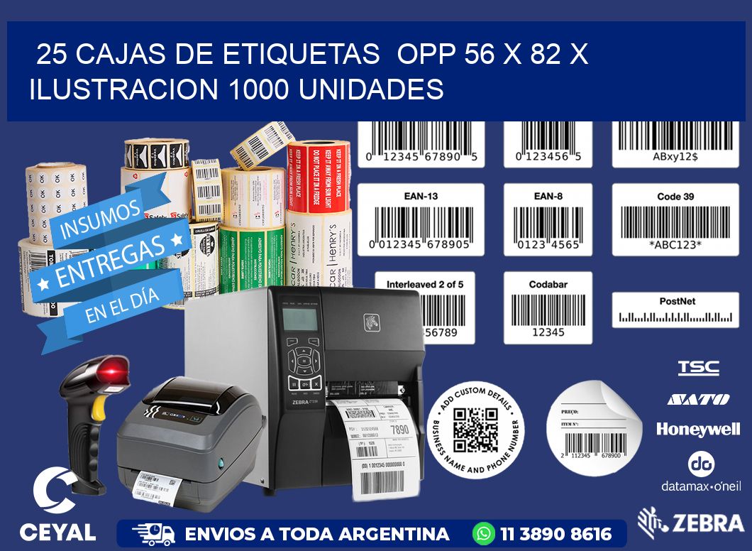 25 CAJAS DE ETIQUETAS  OPP 56 x 82 X ILUSTRACION 1000 UNIDADES