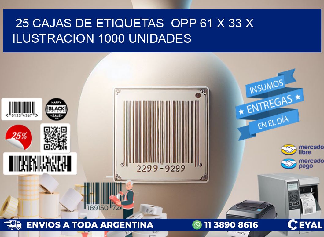 25 CAJAS DE ETIQUETAS  OPP 61 x 33 X ILUSTRACION 1000 UNIDADES