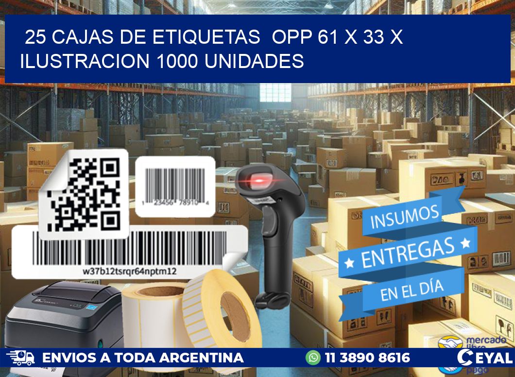25 CAJAS DE ETIQUETAS  OPP 61 x 33 X ILUSTRACION 1000 UNIDADES