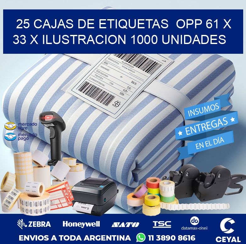 25 CAJAS DE ETIQUETAS  OPP 61 x 33 X ILUSTRACION 1000 UNIDADES