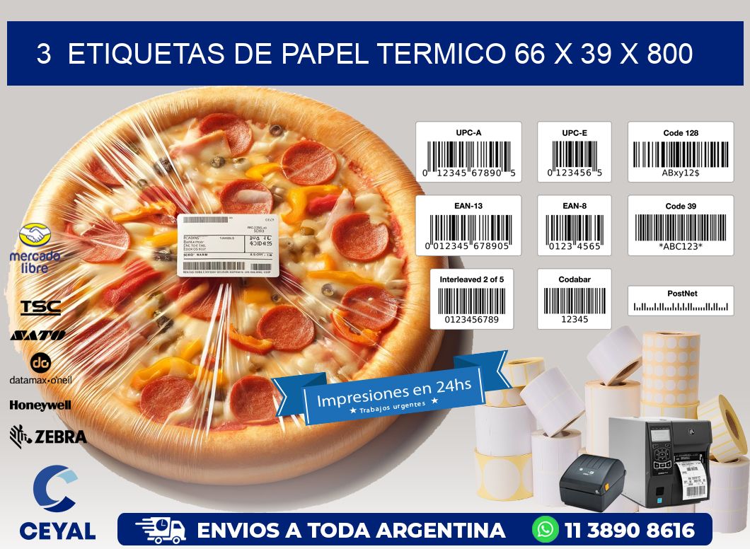 3 ETIQUETAS DE PAPEL TERMICO 66 x 39 X 800