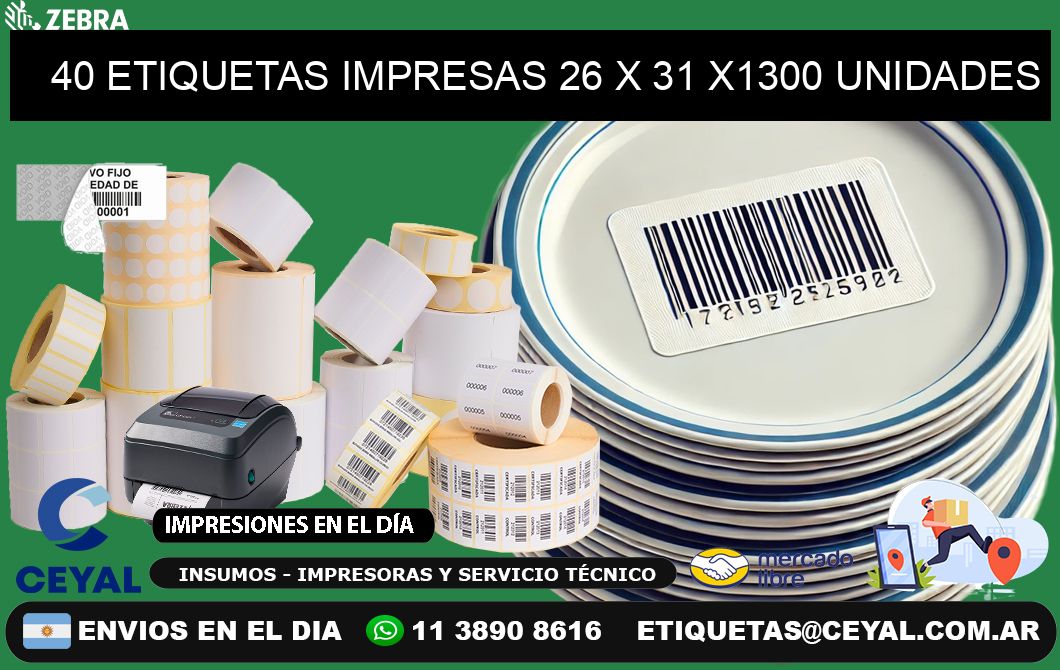 40 ETIQUETAS IMPRESAS 26 x 31 X1300 UNIDADES