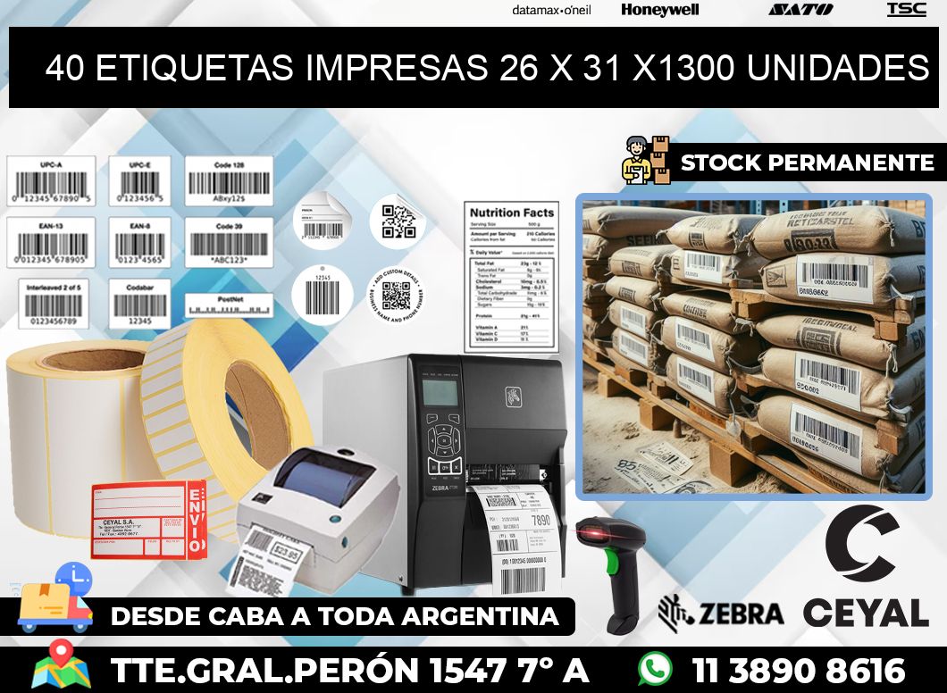 40 ETIQUETAS IMPRESAS 26 x 31 X1300 UNIDADES