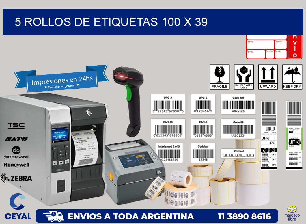 5 ROLLOS DE ETIQUETAS 100 x 39