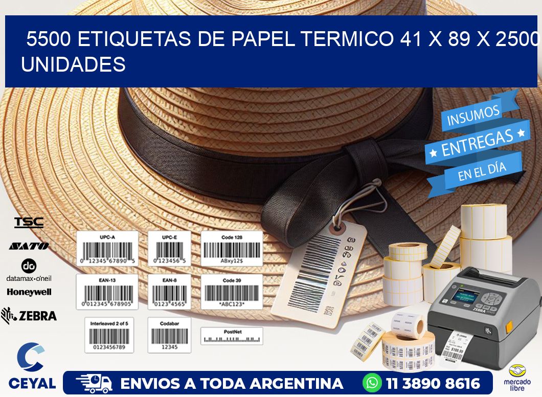 5500 ETIQUETAS DE PAPEL TERMICO 41 x 89 X 2500 UNIDADES