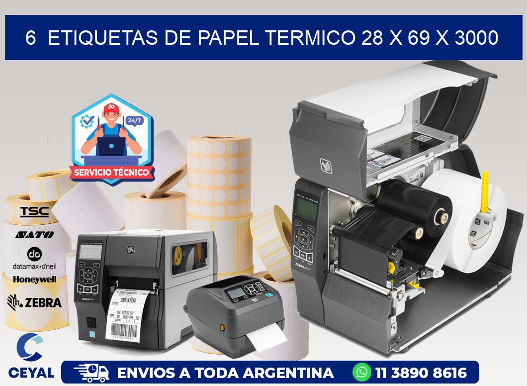 6  ETIQUETAS DE PAPEL TERMICO 28 x 69 X 3000