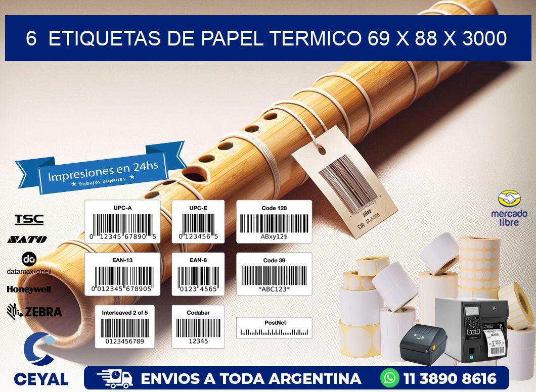 6 ETIQUETAS DE PAPEL TERMICO 69 x 88 X 3000