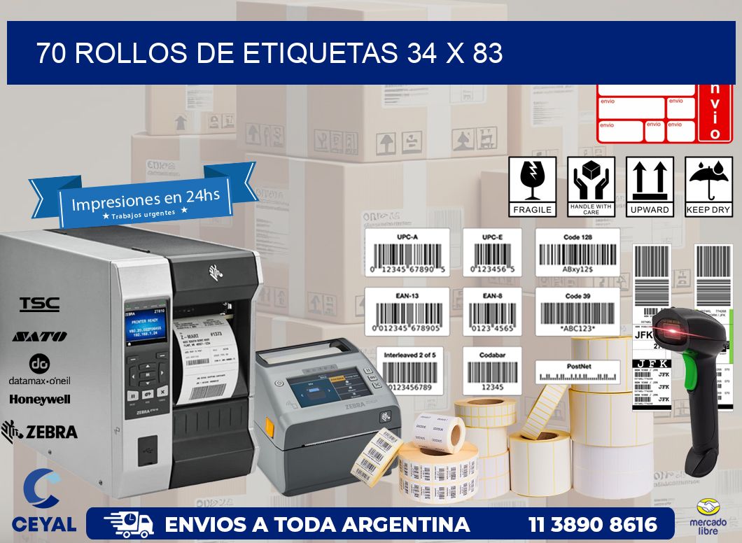 70 ROLLOS DE ETIQUETAS 34 x 83