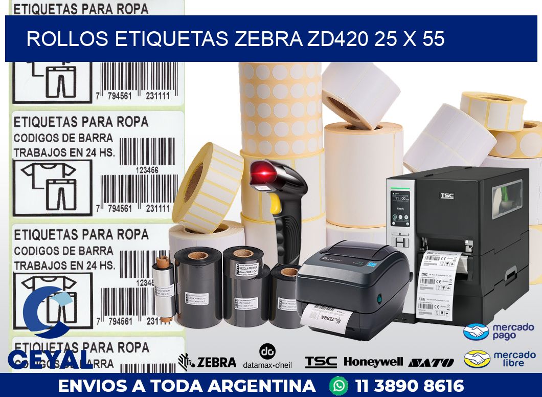 ROLLOS ETIQUETAS Zebra ZD420 25 x 55