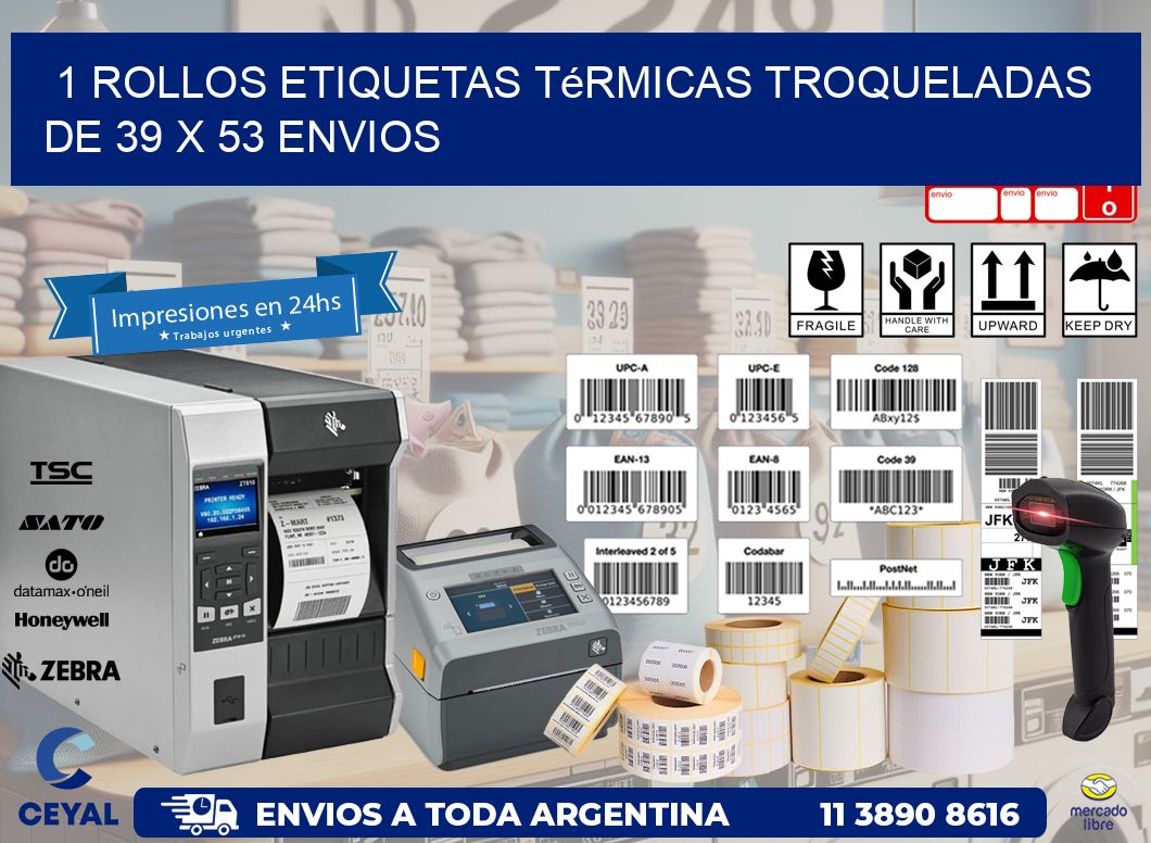 1 Rollos Etiquetas Térmicas Troqueladas De 39 x 53 ENVIOS