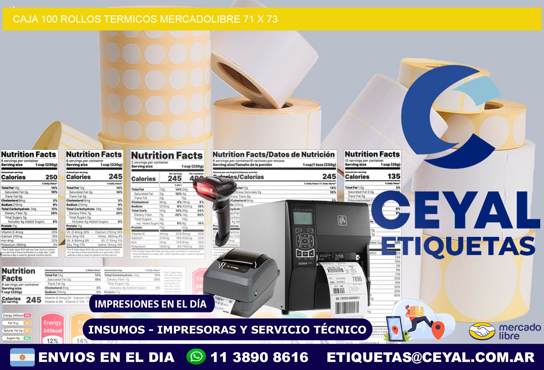 CAJA 100 ROLLOS TERMICOS MERCADOLIBRE 71 x 73