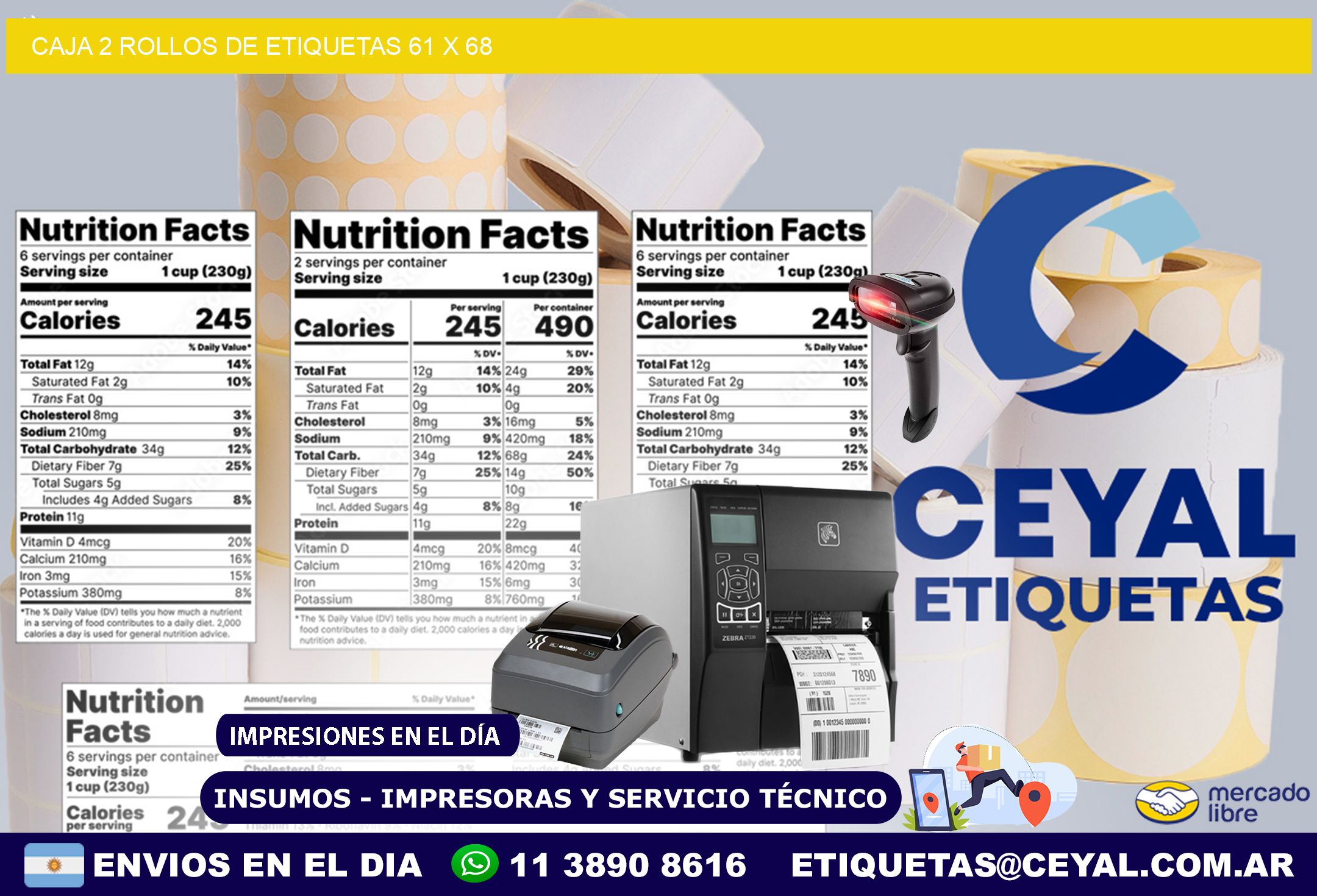 CAJA 2 ROLLOS DE ETIQUETAS 61 x 68