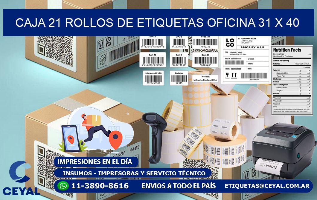 CAJA 21 ROLLOS DE ETIQUETAS OFICINA 31 x 40