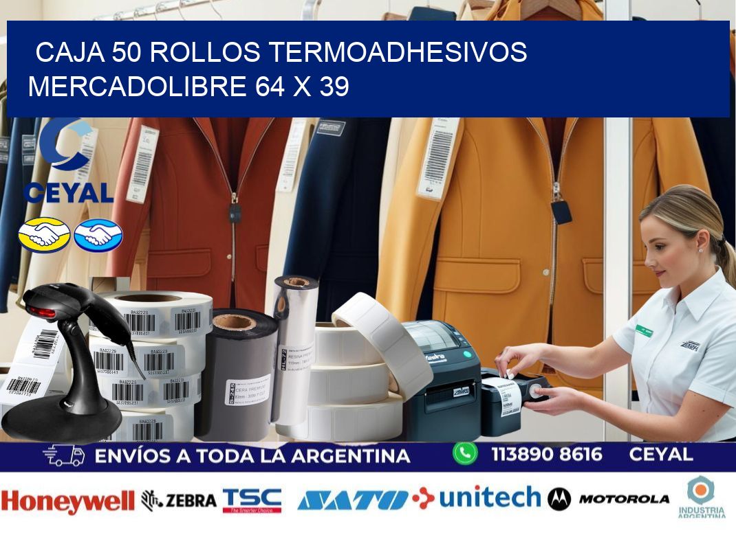 CAJA 50 ROLLOS TERMOADHESIVOS MERCADOLIBRE 64 x 39
