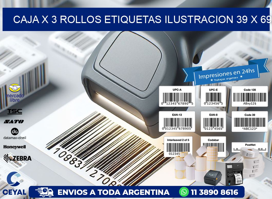 Caja X 3 Rollos Etiquetas Ilustracion 39 x 69
