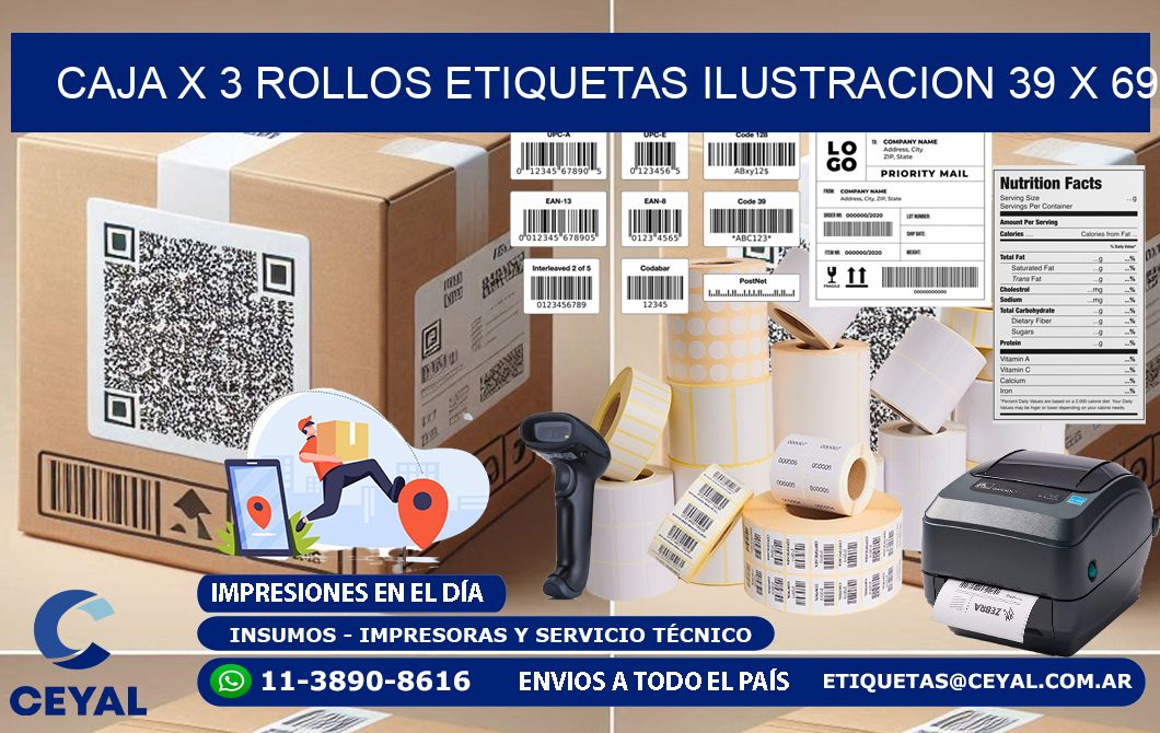 Caja X 3 Rollos Etiquetas Ilustracion 39 x 69