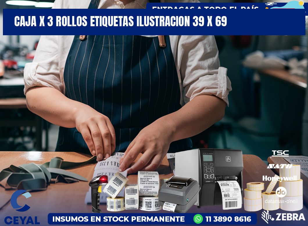 Caja X 3 Rollos Etiquetas Ilustracion 39 x 69