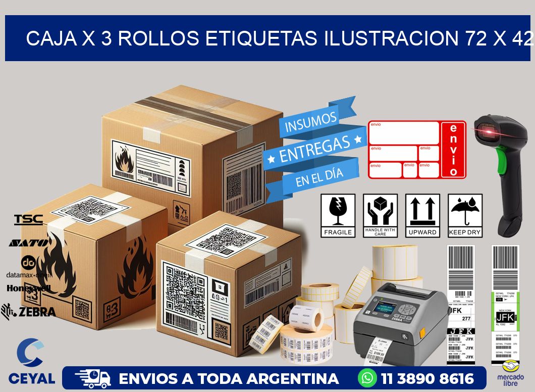 Caja X 3 Rollos Etiquetas Ilustracion 72 x 42